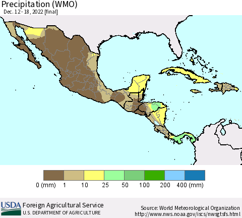 Mexico Central America and the Caribbean Precipitation (WMO) Thematic Map For 12/12/2022 - 12/18/2022