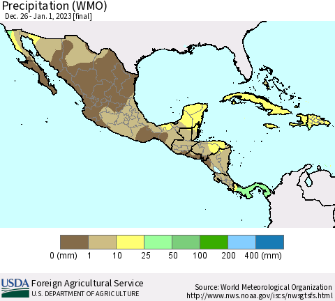 Mexico Central America and the Caribbean Precipitation (WMO) Thematic Map For 12/26/2022 - 1/1/2023