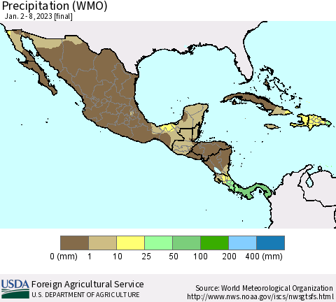 Mexico Central America and the Caribbean Precipitation (WMO) Thematic Map For 1/2/2023 - 1/8/2023
