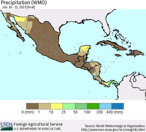 Mexico Central America and the Caribbean Precipitation (WMO) Thematic Map For 1/16/2023 - 1/22/2023