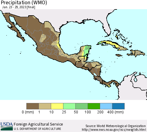 Mexico Central America and the Caribbean Precipitation (WMO) Thematic Map For 1/23/2023 - 1/29/2023