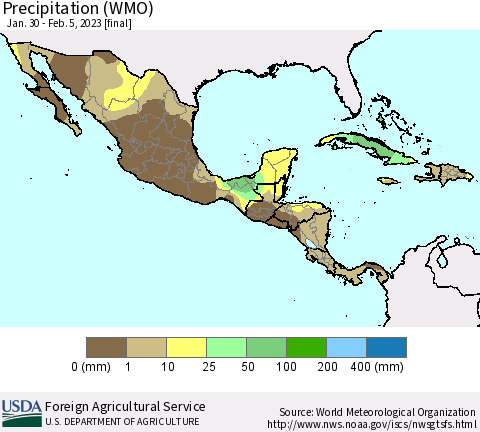 Mexico Central America and the Caribbean Precipitation (WMO) Thematic Map For 1/30/2023 - 2/5/2023