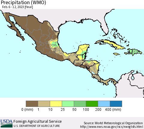 Mexico Central America and the Caribbean Precipitation (WMO) Thematic Map For 2/6/2023 - 2/12/2023