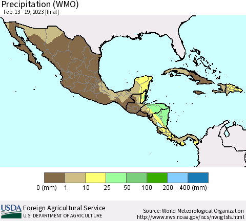 Mexico Central America and the Caribbean Precipitation (WMO) Thematic Map For 2/13/2023 - 2/19/2023