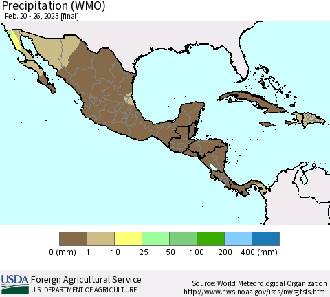 Mexico Central America and the Caribbean Precipitation (WMO) Thematic Map For 2/20/2023 - 2/26/2023
