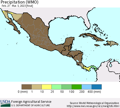 Mexico Central America and the Caribbean Precipitation (WMO) Thematic Map For 2/27/2023 - 3/5/2023