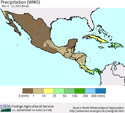 Mexico Central America and the Caribbean Precipitation (WMO) Thematic Map For 3/6/2023 - 3/12/2023