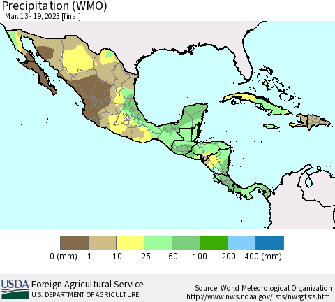 Mexico Central America and the Caribbean Precipitation (WMO) Thematic Map For 3/13/2023 - 3/19/2023