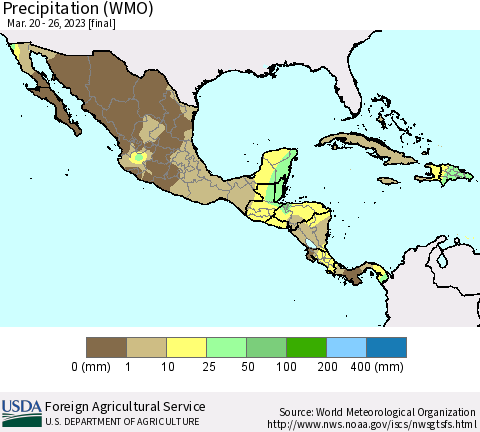 Mexico Central America and the Caribbean Precipitation (WMO) Thematic Map For 3/20/2023 - 3/26/2023