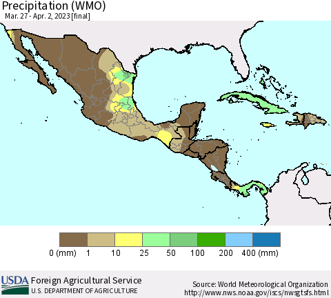 Mexico Central America and the Caribbean Precipitation (WMO) Thematic Map For 3/27/2023 - 4/2/2023