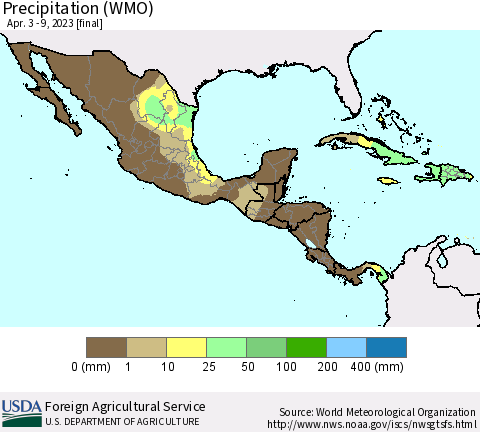 Mexico Central America and the Caribbean Precipitation (WMO) Thematic Map For 4/3/2023 - 4/9/2023