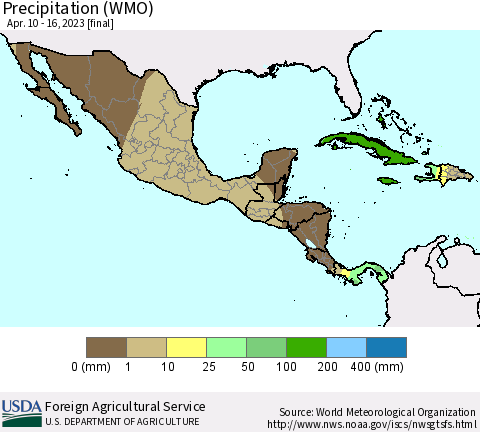 Mexico Central America and the Caribbean Precipitation (WMO) Thematic Map For 4/10/2023 - 4/16/2023