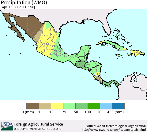 Mexico Central America and the Caribbean Precipitation (WMO) Thematic Map For 4/17/2023 - 4/23/2023