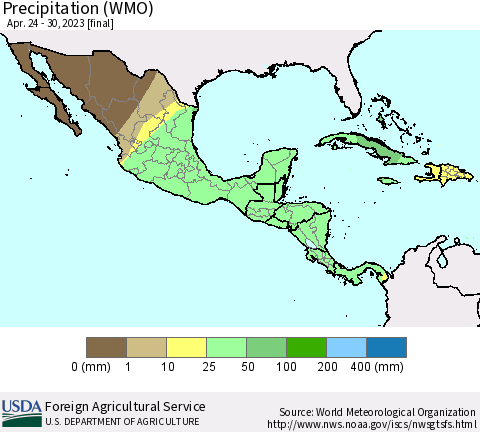 Mexico Central America and the Caribbean Precipitation (WMO) Thematic Map For 4/24/2023 - 4/30/2023