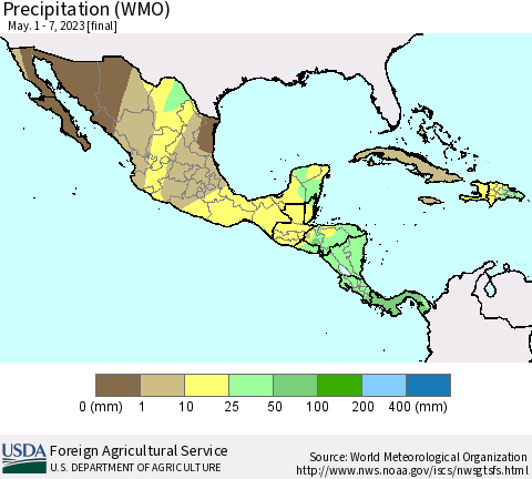 Mexico Central America and the Caribbean Precipitation (WMO) Thematic Map For 5/1/2023 - 5/7/2023