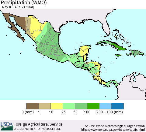 Mexico Central America and the Caribbean Precipitation (WMO) Thematic Map For 5/8/2023 - 5/14/2023
