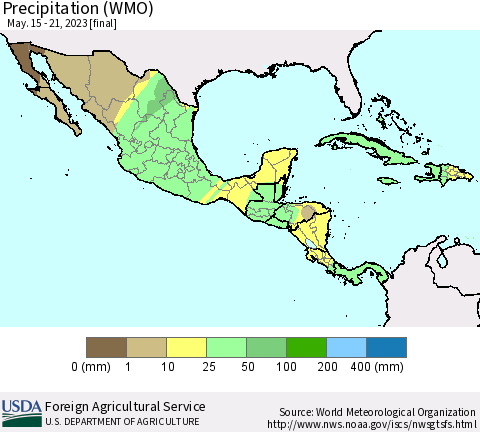 Mexico Central America and the Caribbean Precipitation (WMO) Thematic Map For 5/15/2023 - 5/21/2023