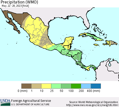Mexico Central America and the Caribbean Precipitation (WMO) Thematic Map For 5/22/2023 - 5/28/2023