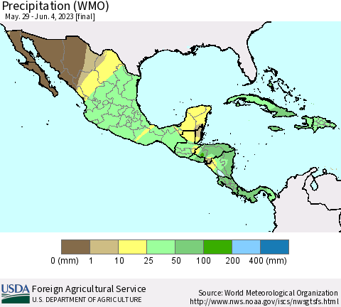 Mexico Central America and the Caribbean Precipitation (WMO) Thematic Map For 5/29/2023 - 6/4/2023