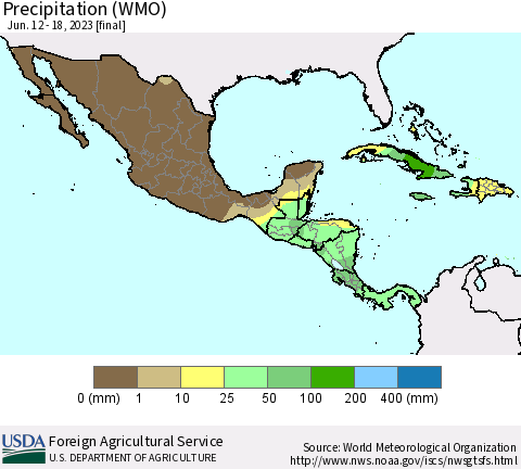 Mexico Central America and the Caribbean Precipitation (WMO) Thematic Map For 6/12/2023 - 6/18/2023