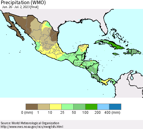 Mexico Central America and the Caribbean Precipitation (WMO) Thematic Map For 6/26/2023 - 7/2/2023