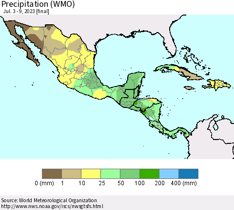 Mexico Central America and the Caribbean Precipitation (WMO) Thematic Map For 7/3/2023 - 7/9/2023