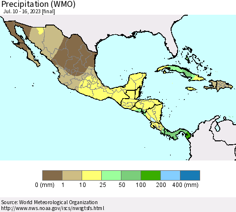 Mexico Central America and the Caribbean Precipitation (WMO) Thematic Map For 7/10/2023 - 7/16/2023