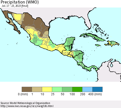 Mexico Central America and the Caribbean Precipitation (WMO) Thematic Map For 7/17/2023 - 7/23/2023