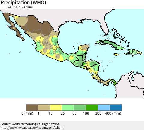 Mexico Central America and the Caribbean Precipitation (WMO) Thematic Map For 7/24/2023 - 7/30/2023