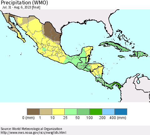 Mexico Central America and the Caribbean Precipitation (WMO) Thematic Map For 7/31/2023 - 8/6/2023