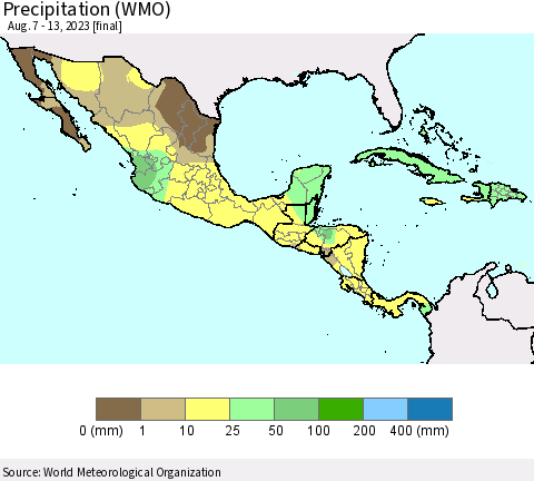 Mexico Central America and the Caribbean Precipitation (WMO) Thematic Map For 8/7/2023 - 8/13/2023