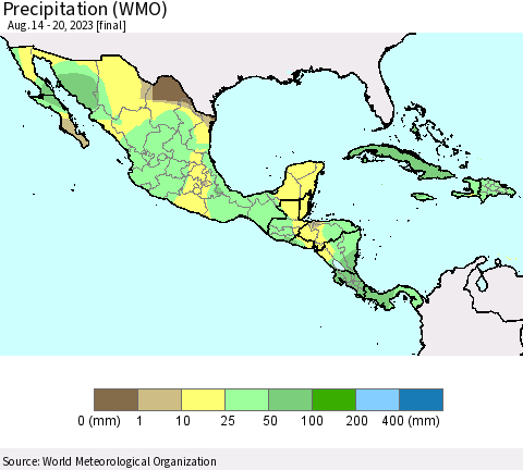 Mexico Central America and the Caribbean Precipitation (WMO) Thematic Map For 8/14/2023 - 8/20/2023