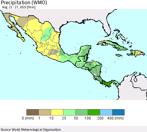 Mexico Central America and the Caribbean Precipitation (WMO) Thematic Map For 8/21/2023 - 8/27/2023