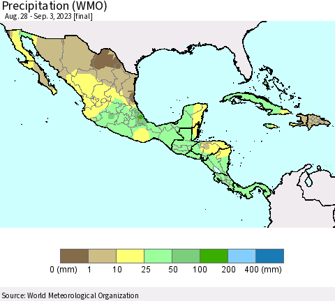 Mexico Central America and the Caribbean Precipitation (WMO) Thematic Map For 8/28/2023 - 9/3/2023