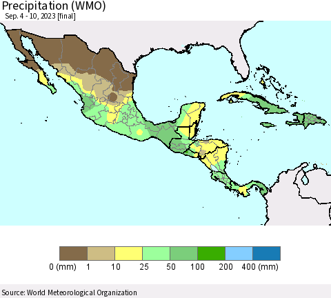 Mexico Central America and the Caribbean Precipitation (WMO) Thematic Map For 9/4/2023 - 9/10/2023