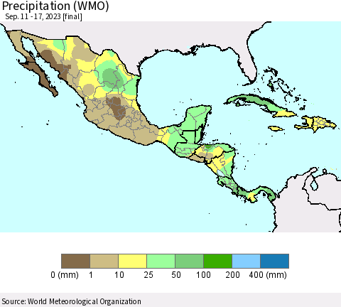 Mexico Central America and the Caribbean Precipitation (WMO) Thematic Map For 9/11/2023 - 9/17/2023