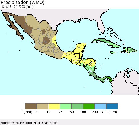 Mexico Central America and the Caribbean Precipitation (WMO) Thematic Map For 9/18/2023 - 9/24/2023