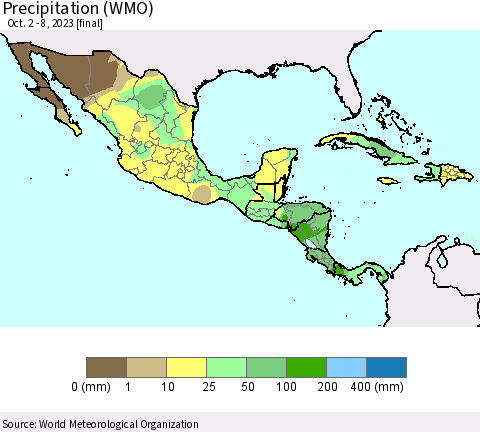 Mexico Central America and the Caribbean Precipitation (WMO) Thematic Map For 10/2/2023 - 10/8/2023