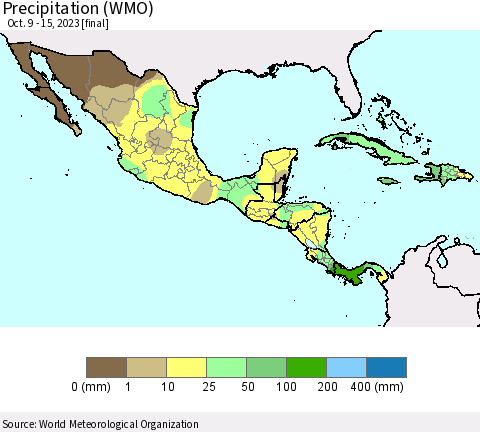 Mexico Central America and the Caribbean Precipitation (WMO) Thematic Map For 10/9/2023 - 10/15/2023