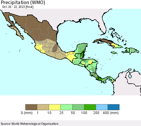 Mexico Central America and the Caribbean Precipitation (WMO) Thematic Map For 10/16/2023 - 10/22/2023