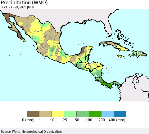 Mexico Central America and the Caribbean Precipitation (WMO) Thematic Map For 10/23/2023 - 10/29/2023