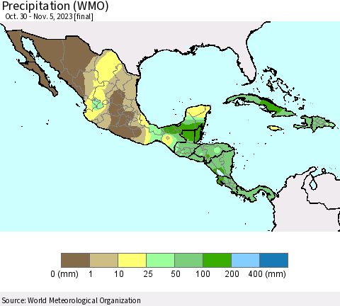 Mexico Central America and the Caribbean Precipitation (WMO) Thematic Map For 10/30/2023 - 11/5/2023