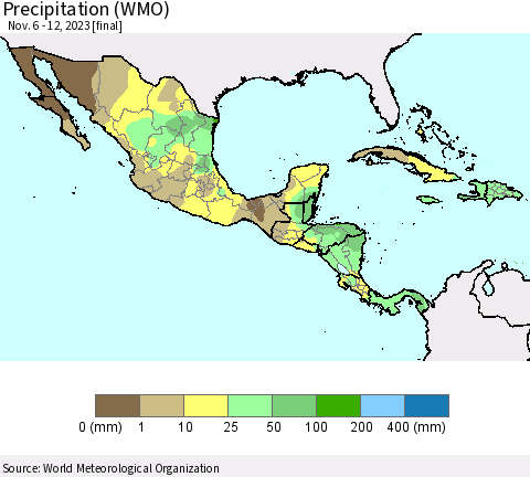 Mexico Central America and the Caribbean Precipitation (WMO) Thematic Map For 11/6/2023 - 11/12/2023