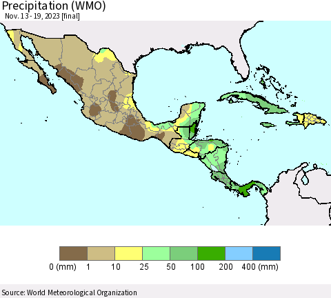 Mexico Central America and the Caribbean Precipitation (WMO) Thematic Map For 11/13/2023 - 11/19/2023