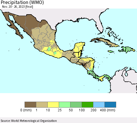Mexico Central America and the Caribbean Precipitation (WMO) Thematic Map For 11/20/2023 - 11/26/2023