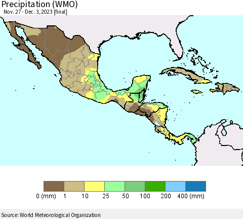 Mexico Central America and the Caribbean Precipitation (WMO) Thematic Map For 11/27/2023 - 12/3/2023