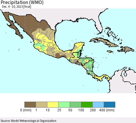 Mexico Central America and the Caribbean Precipitation (WMO) Thematic Map For 12/4/2023 - 12/10/2023