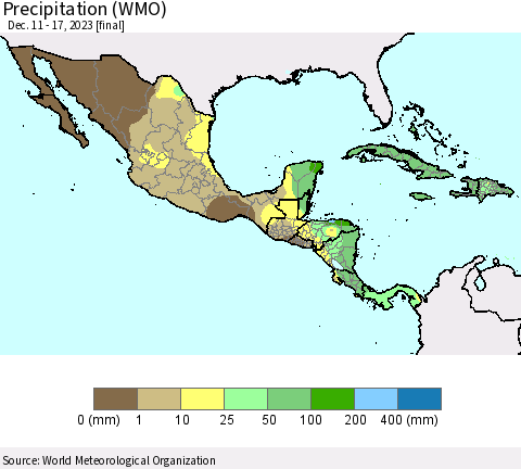 Mexico Central America and the Caribbean Precipitation (WMO) Thematic Map For 12/11/2023 - 12/17/2023