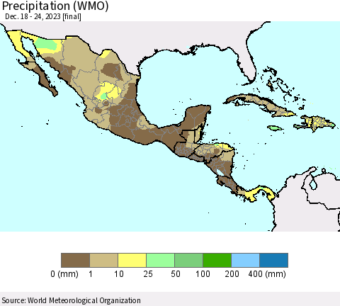 Mexico Central America and the Caribbean Precipitation (WMO) Thematic Map For 12/18/2023 - 12/24/2023