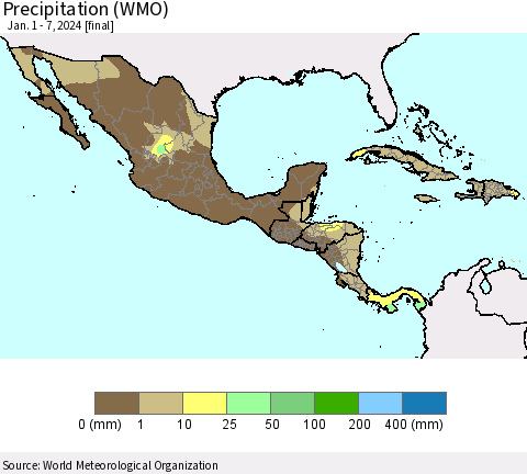 Mexico Central America and the Caribbean Precipitation (WMO) Thematic Map For 1/1/2024 - 1/7/2024